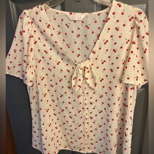 LC Lauren Conrad Cream Cherry Print Top